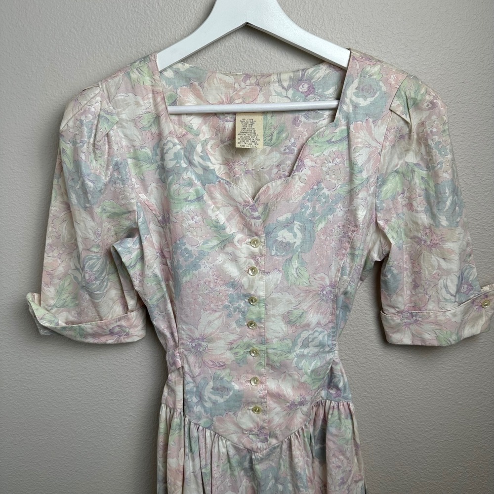 Floral Vintage Prairie Cottagecore Midi Dress Sm Pastel Pink Blue Dropped Waist - Picture 11 of 12